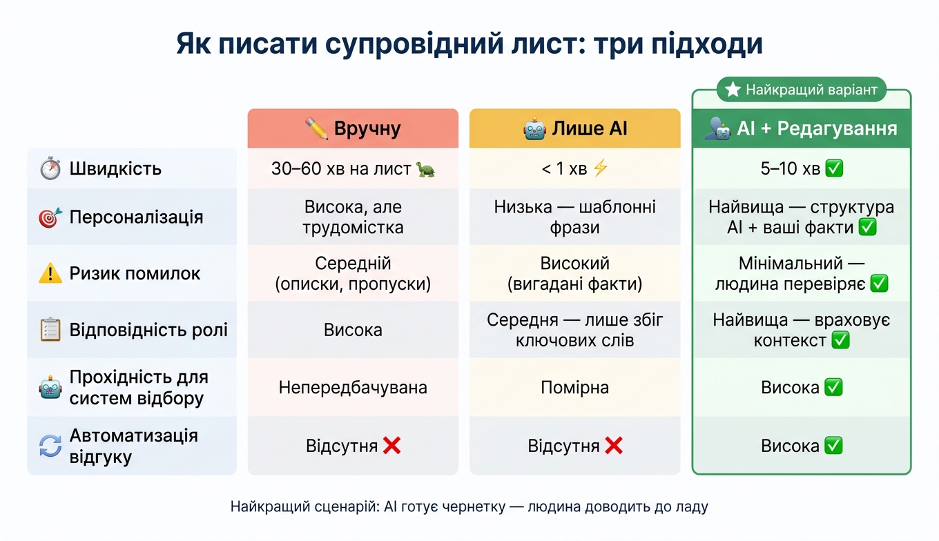 Супровідний лист: вручну vs лише AI vs AI + редагування