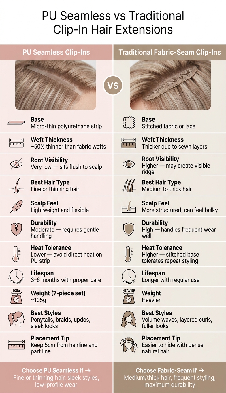 PU Seamless vs Traditional Fabric-Seam Clip-In Hair Extensions Compared