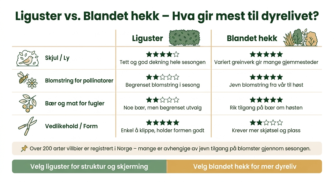 Liguster vs. blandet hekk: Hva gir mest til dyrelivet?