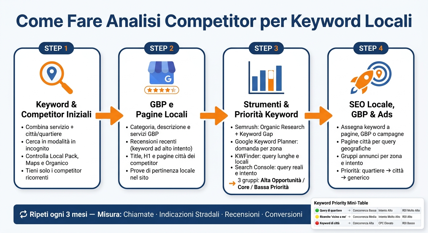 Come fare analisi competitor per parole chiave locali 1 Analisi competitor locale: flusso in 4 step