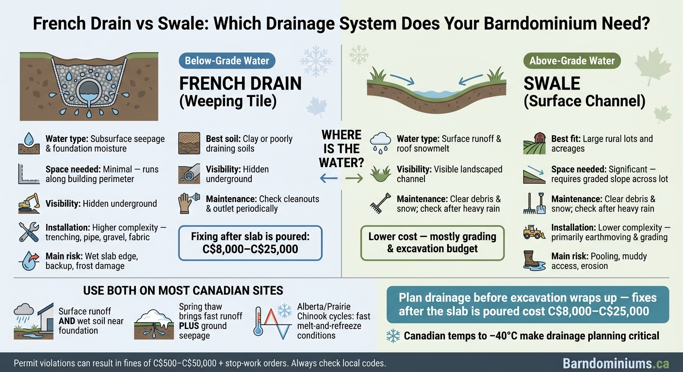 French Drain vs Swale: Barndominium Drainage Comparison Guide