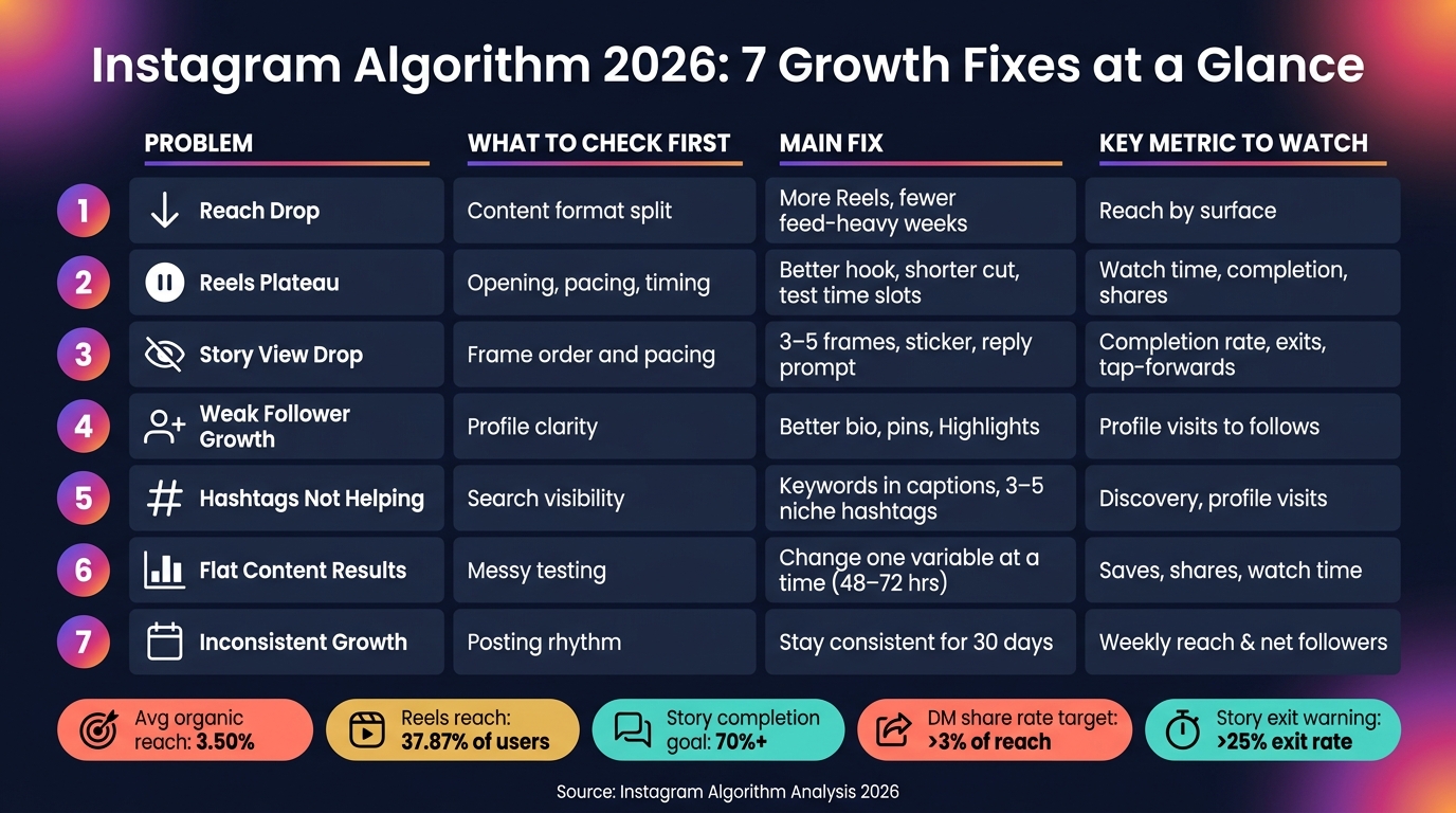 Instagram Algorithm 2026: 7 Growth Fixes at a Glance