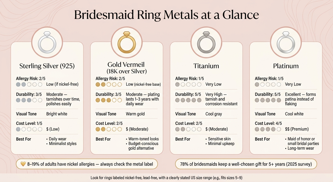 Adjustable Bridesmaid Ring Metals Compared: Allergy Risk, Durability & Cost