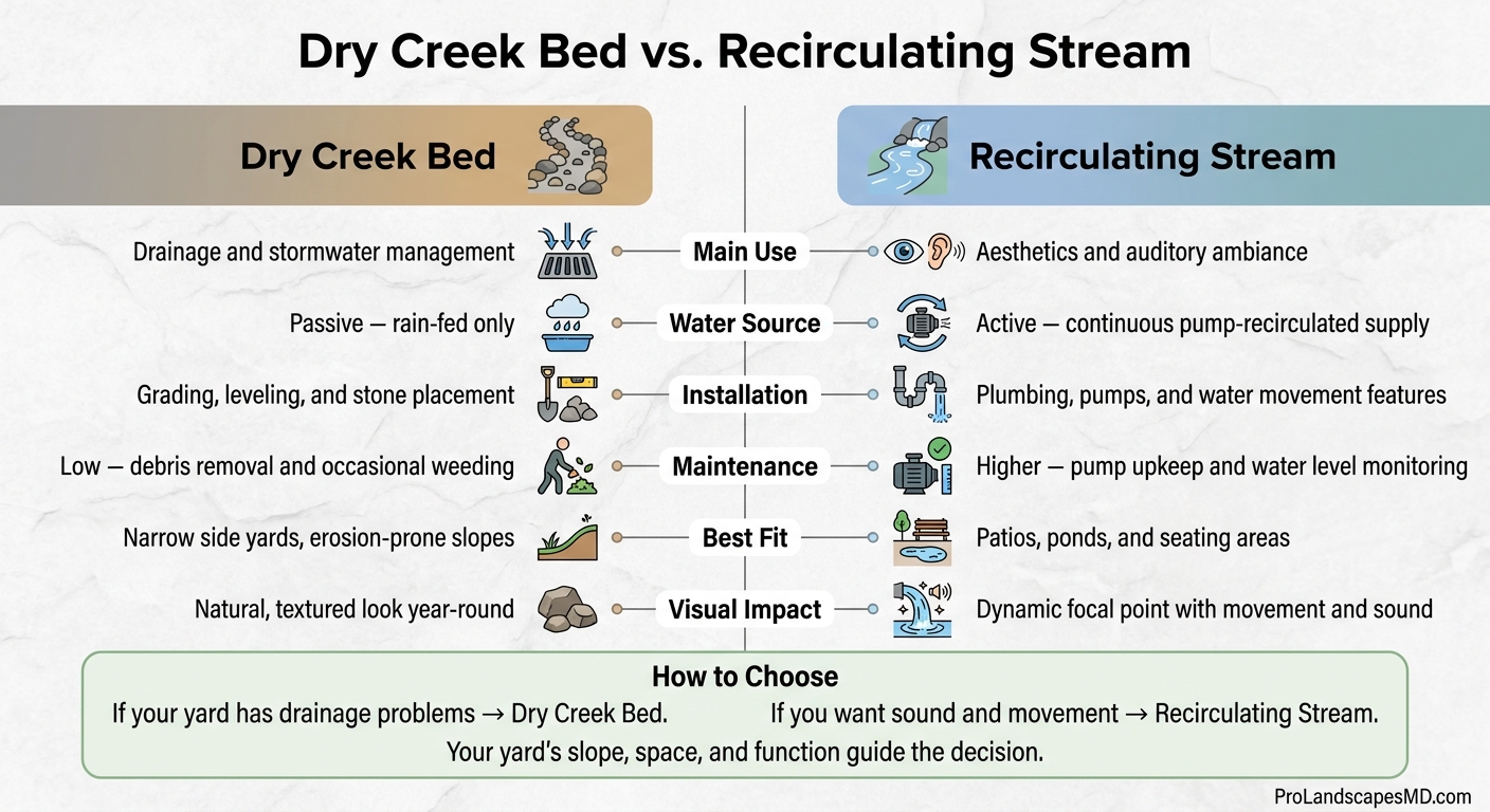 Dry Creek Bed vs. Recirculating Stream: Maryland Yard Guide