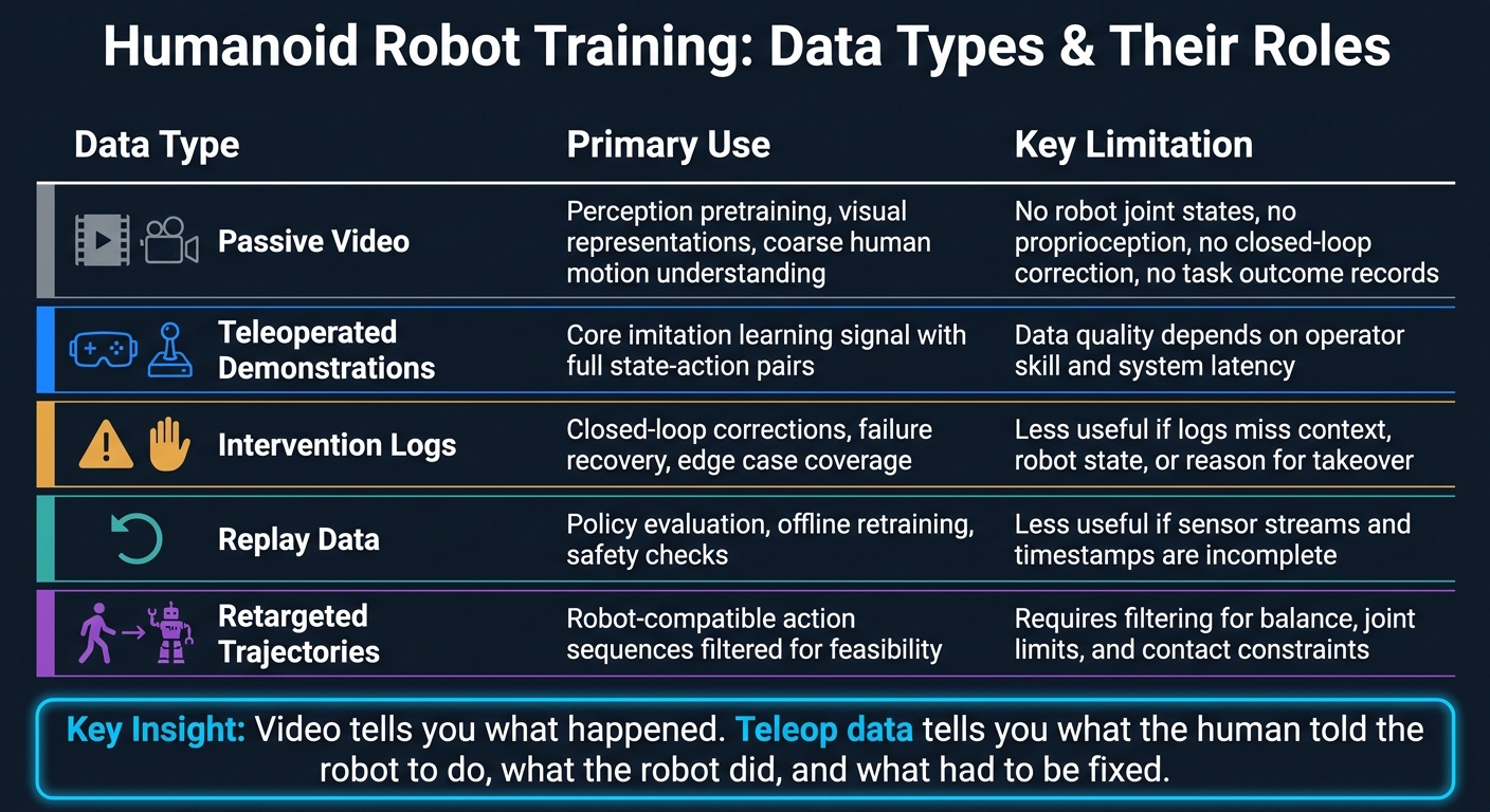 Teleop Data vs. Passive Video: What Each Data Type Gives You for Humanoid Robot Training