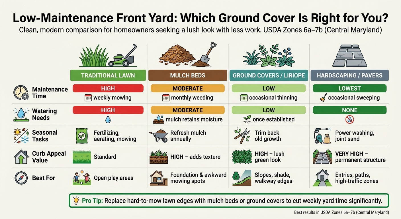 Lawn vs. Mulch Beds vs. Ground Covers vs. Hardscaping: Low-Maintenance Front Yard Comparison