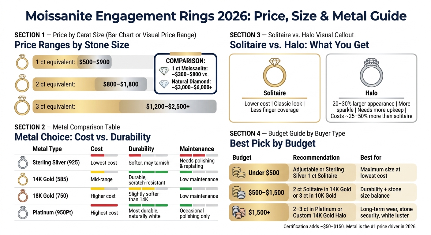 Moissanite Engagement Rings 2026: Price by Size, Metal & Style