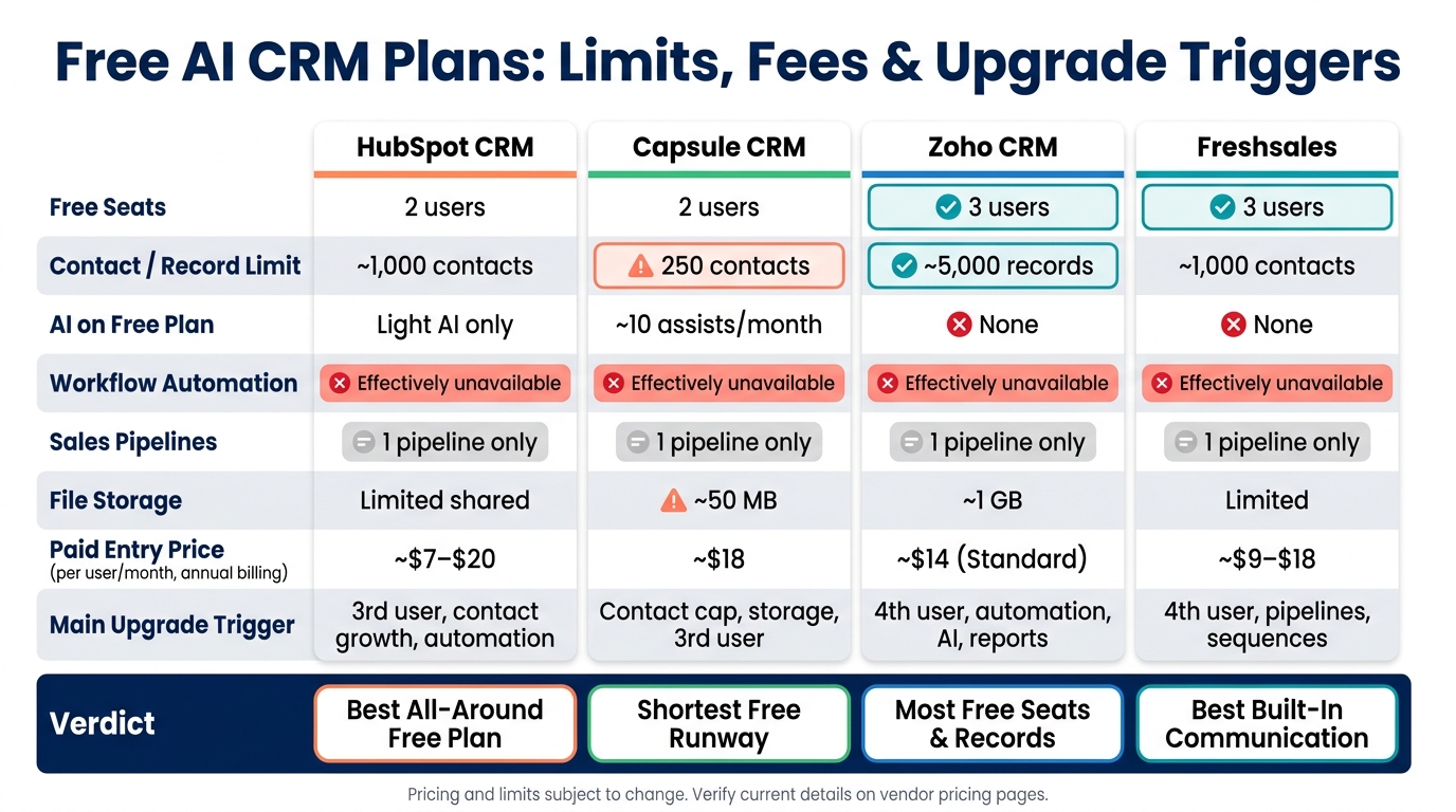 Free AI CRM Plans Compared: Limits, Costs & Upgrade Triggers