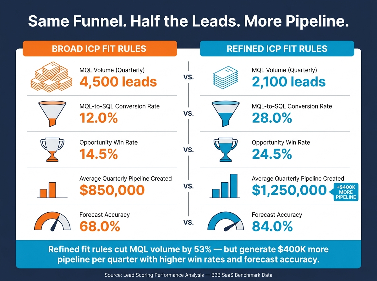 Lead Scoring: Broad vs. Refined ICP Fit Rules  -  Pipeline Impact