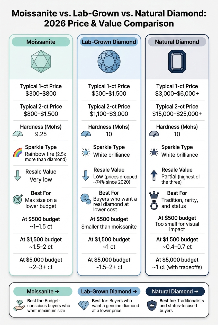 Moissanite vs. Lab-Grown vs. Natural Diamond: 2026 Price & Value Comparison