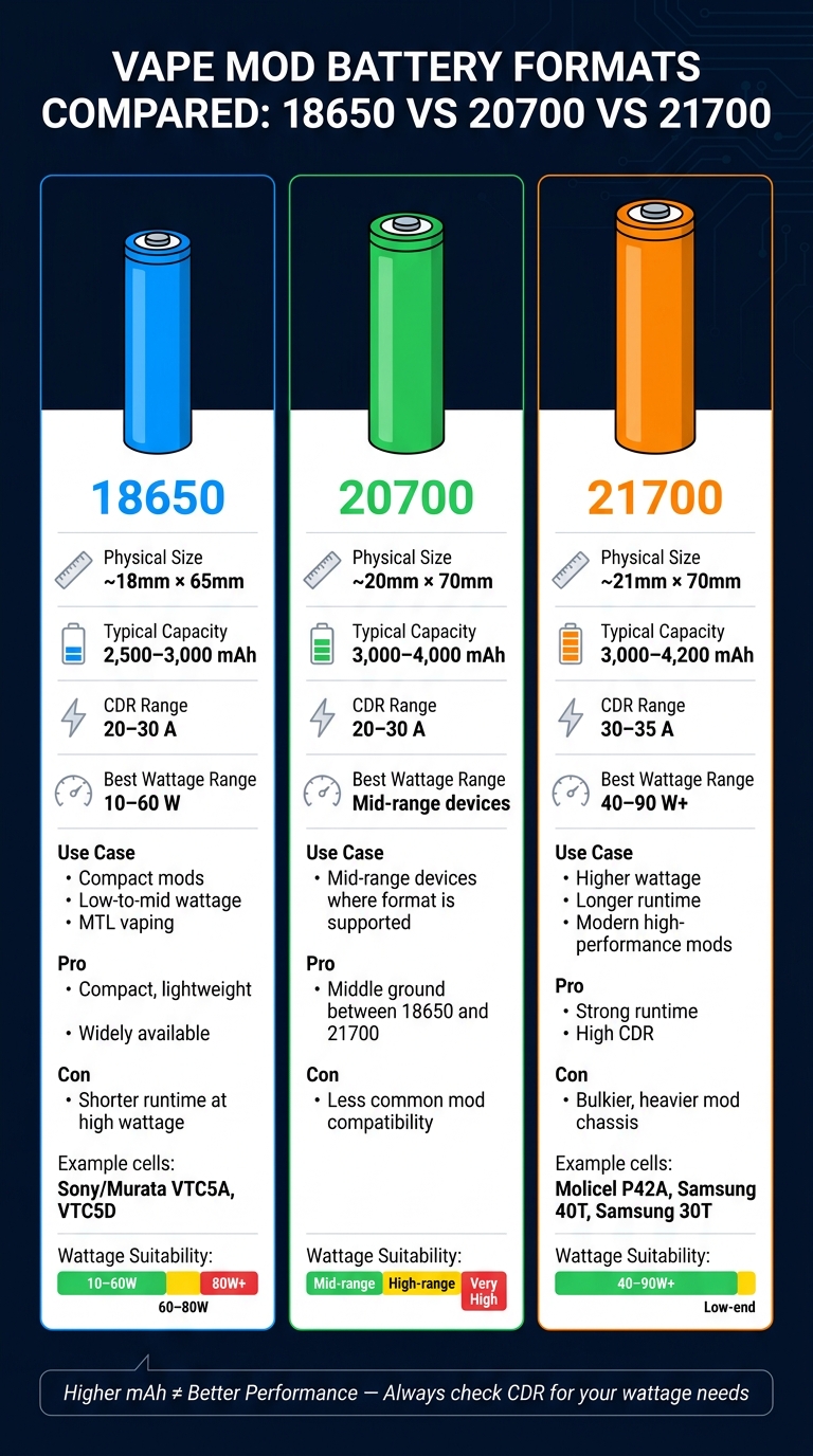 Battery Capacity For Vape Mods: Ultimate Guide 2 Vape mod battery formats compared: 18650 vs 20700 vs 21700