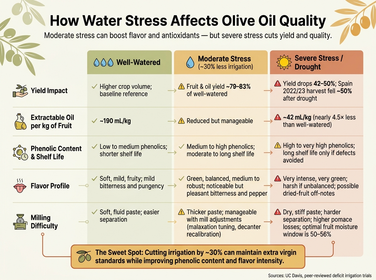 Water Stress & Olive Oil Quality: How Irrigation Levels Affect Yield, Flavor & Shelf Life