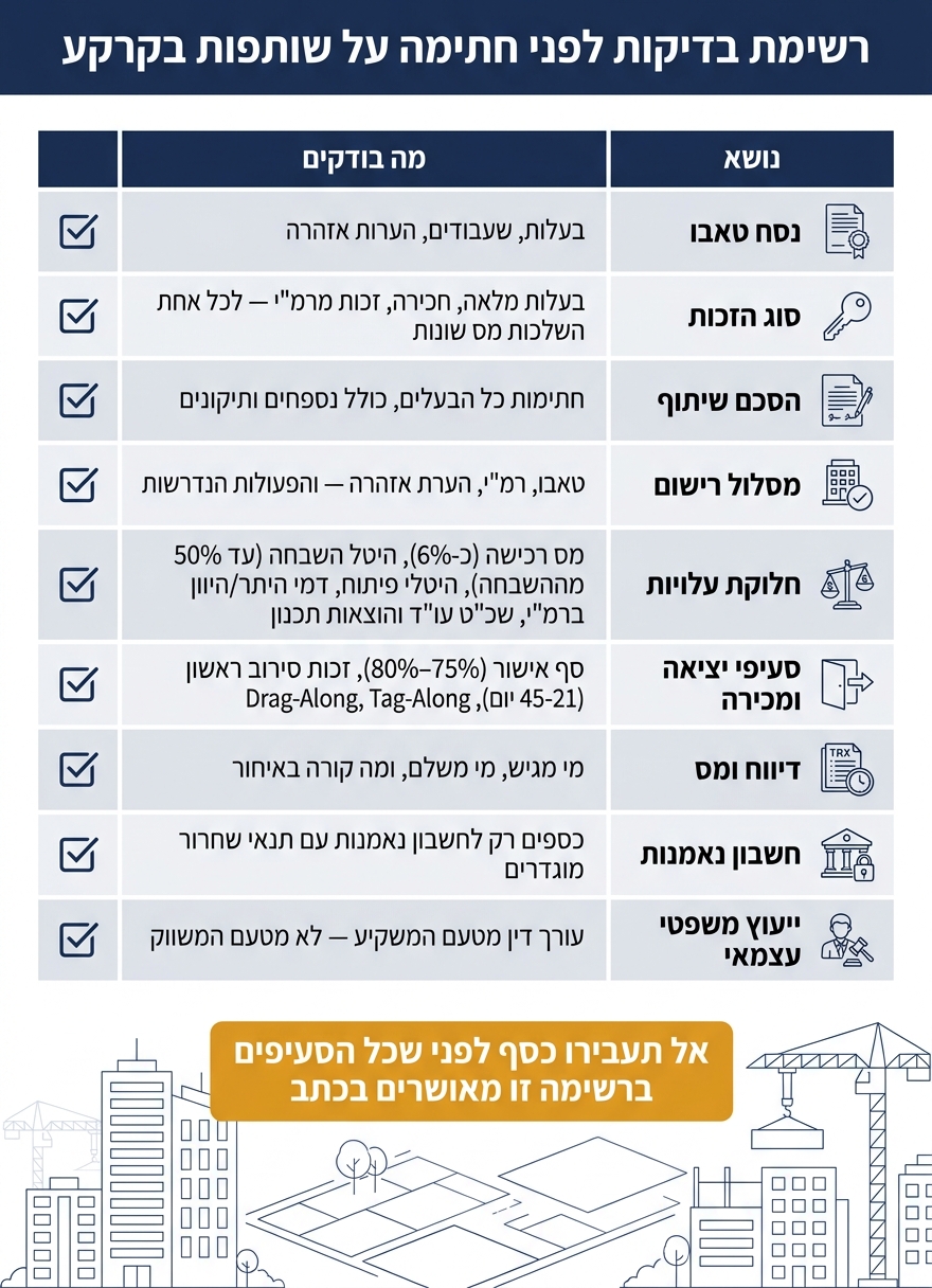 רשימת בדיקות לפני חתימה על שותפות בקרקע