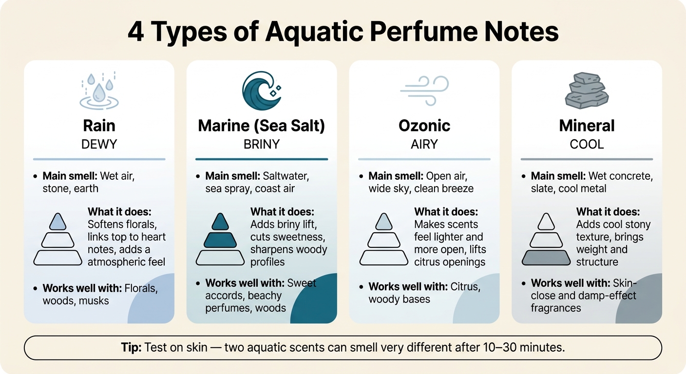 4 Aquatic Perfume Note Types: Rain, Marine, Ozonic & Mineral Compared