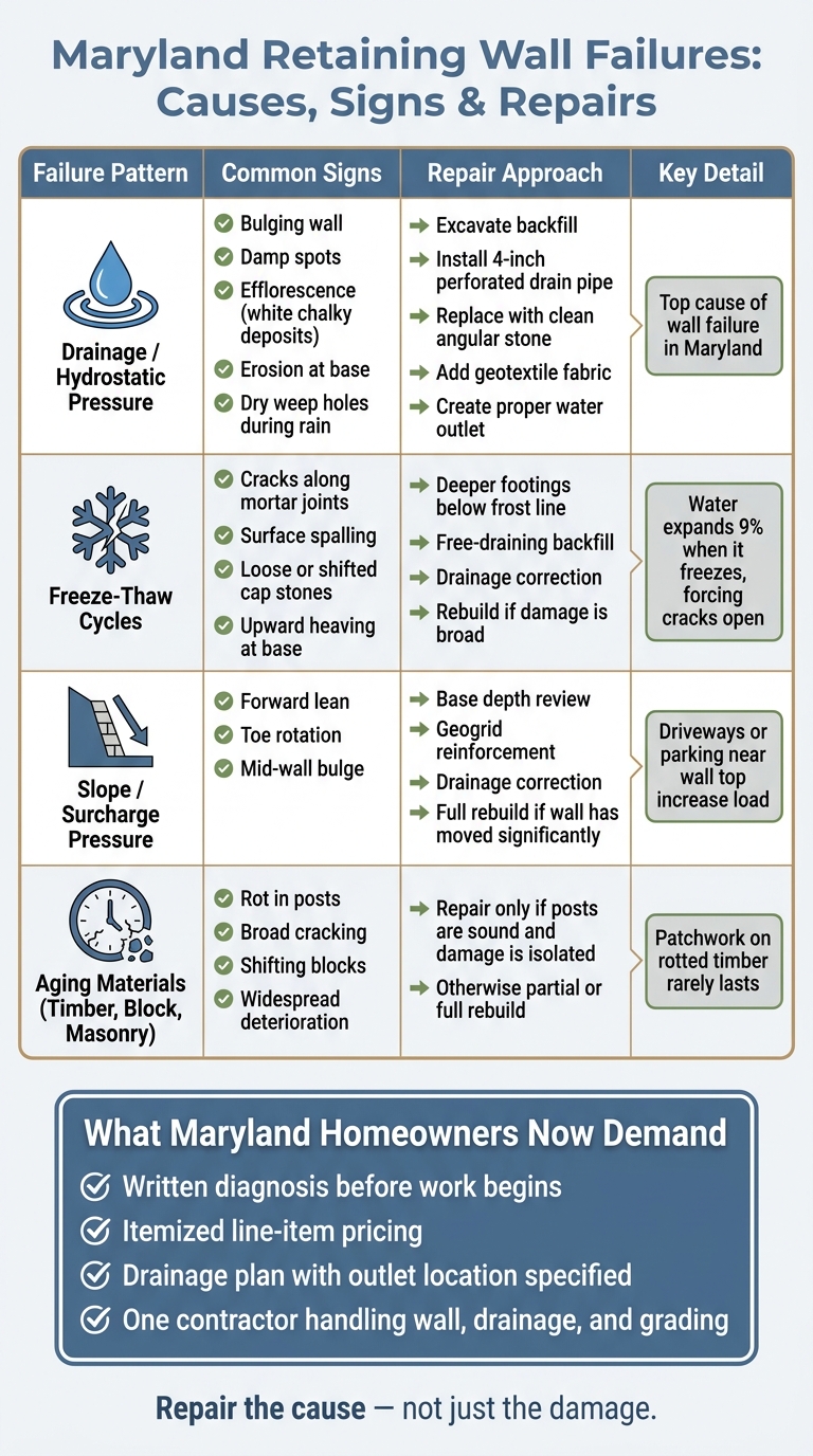 Maryland Retaining Wall Failures: Causes, Signs & Repairs