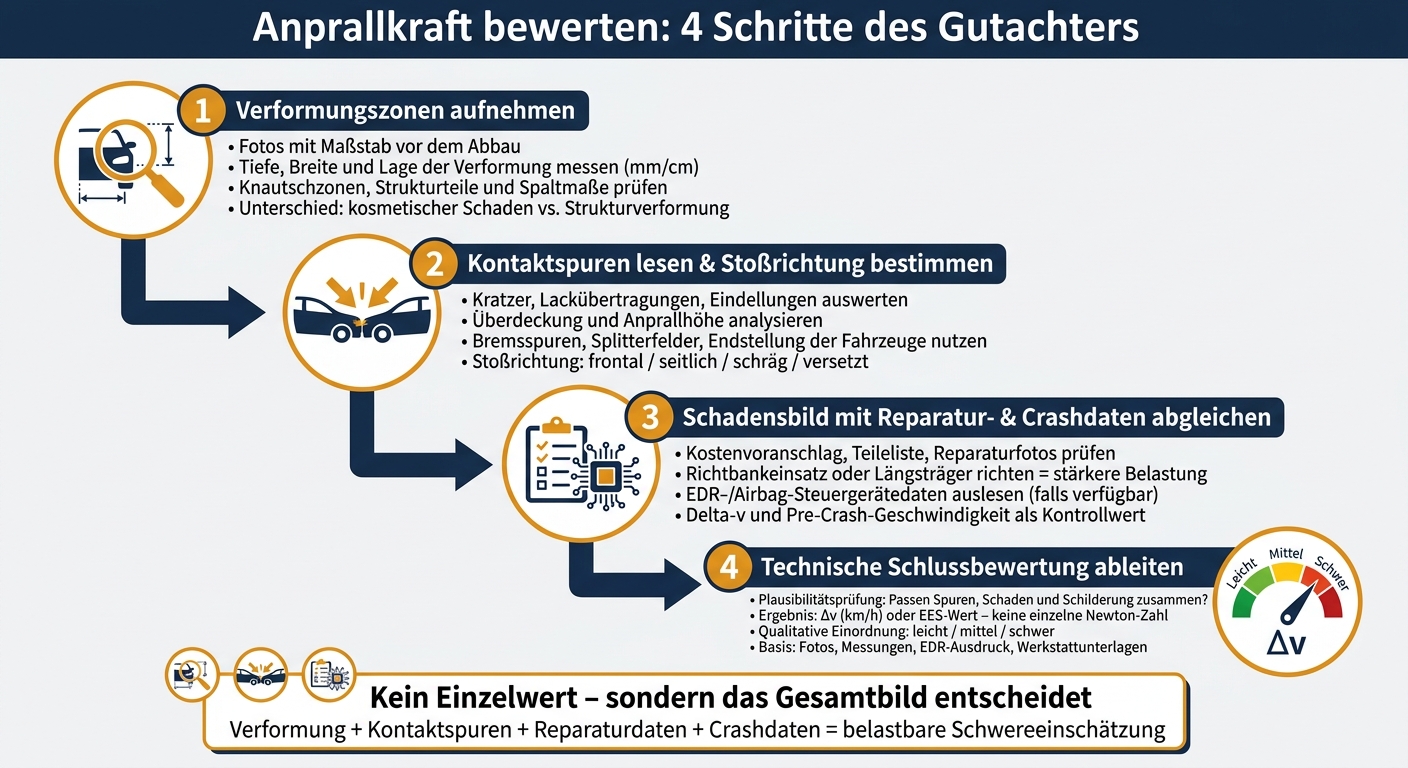 Wie Gutachter die Anprallkraft nach einem Unfall bewerten – 4 Schritte