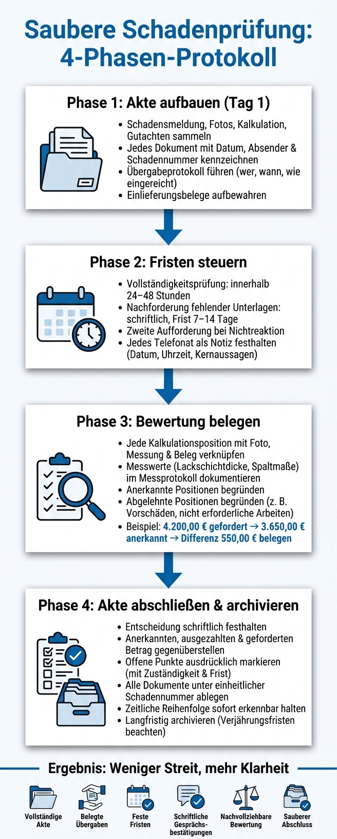 Saubere Schadenprüfung: 4-Phasen-Protokoll