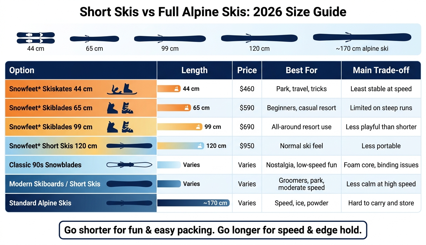 Short Skis vs Full Alpine Skis: 2026 Size Guide