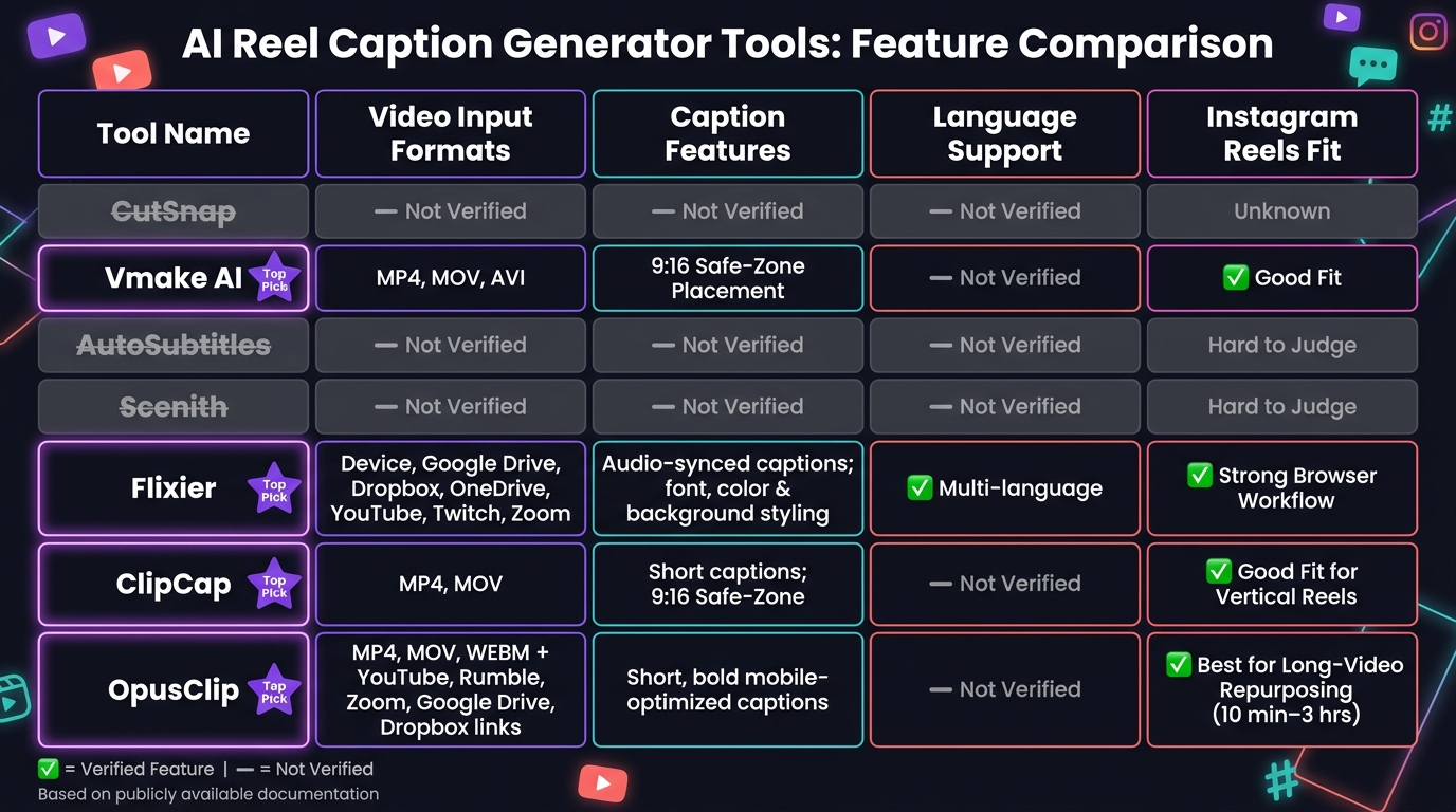 AI Reel Caption Generator Tools: Feature Comparison Chart