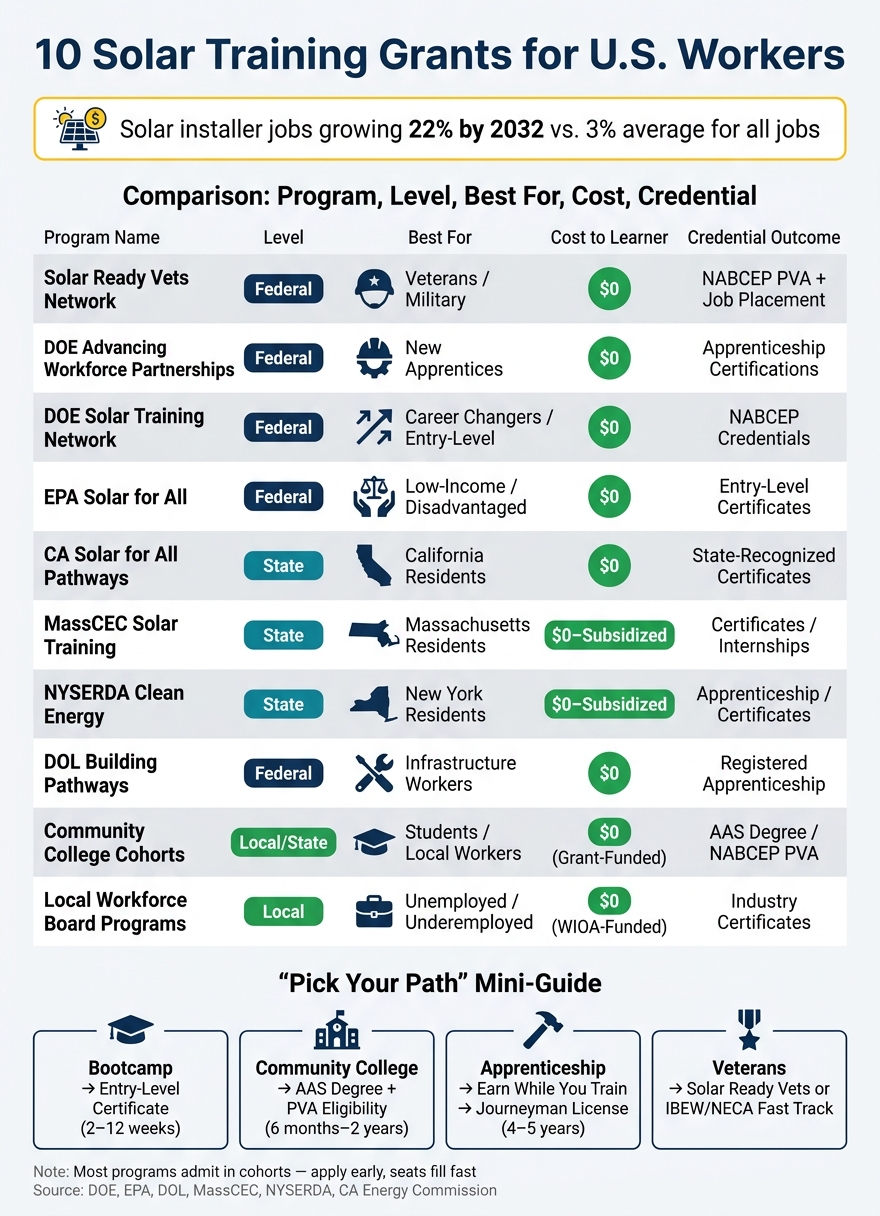 10 Solar Training Grants for U.S. Workers: Side-by-Side Comparison