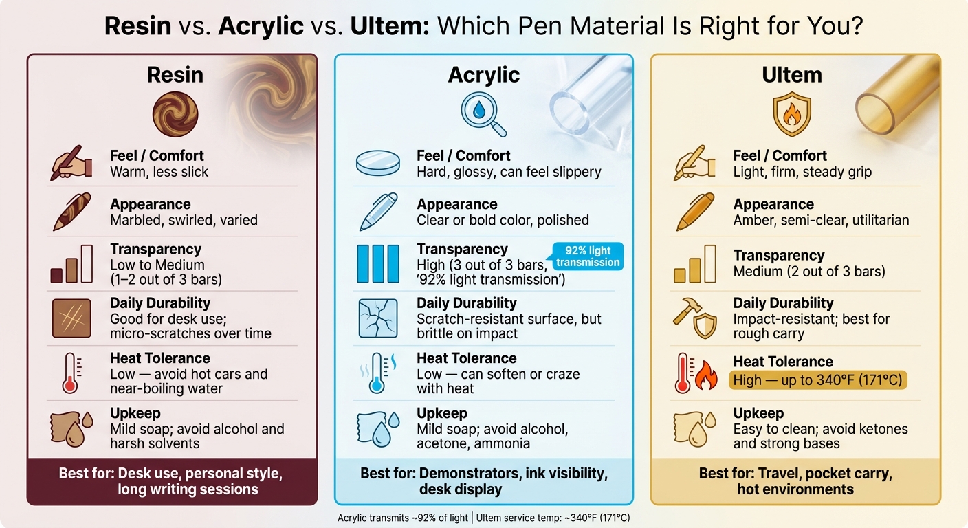 Resin vs Acrylic vs Ultem: Pen Material Comparison Chart