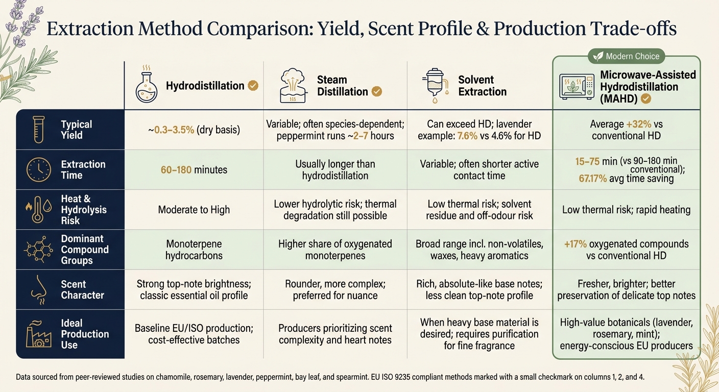 Hydrodistillation vs Steam Distillation vs Solvent Extraction: Yield, Scent & Efficiency