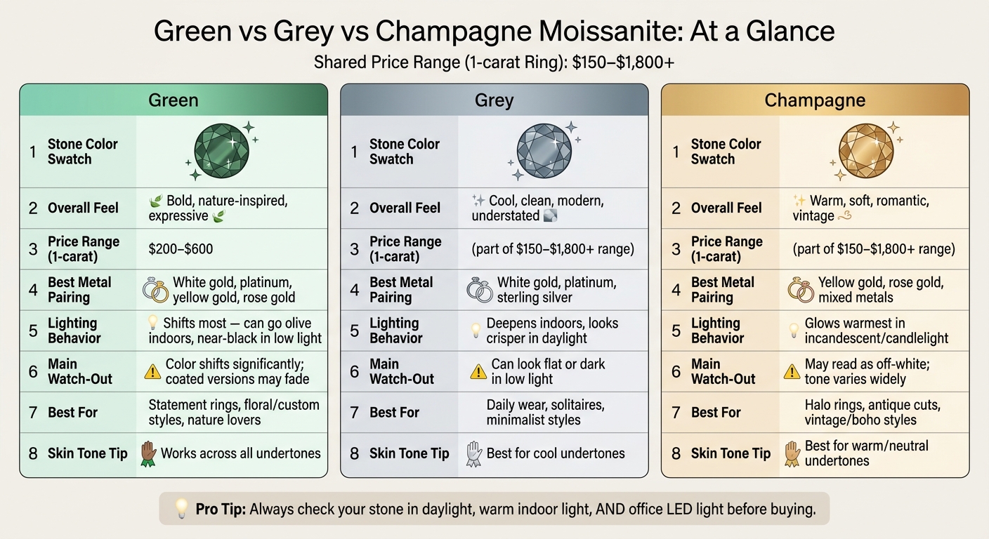 Green vs Grey vs Champagne Moissanite: Which Color Is Right for You?