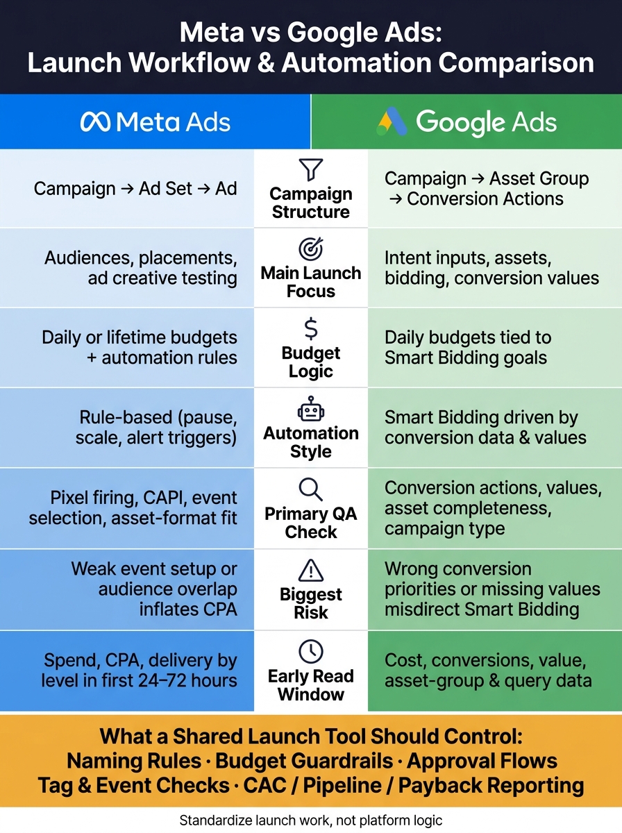 Meta vs Google Ads: Launch Workflow & Automation Comparison