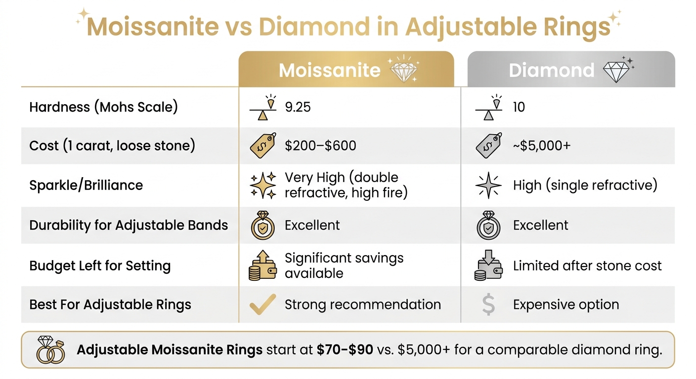 Moissanite vs Diamond in Adjustable Rings: Cost, Hardness & Value