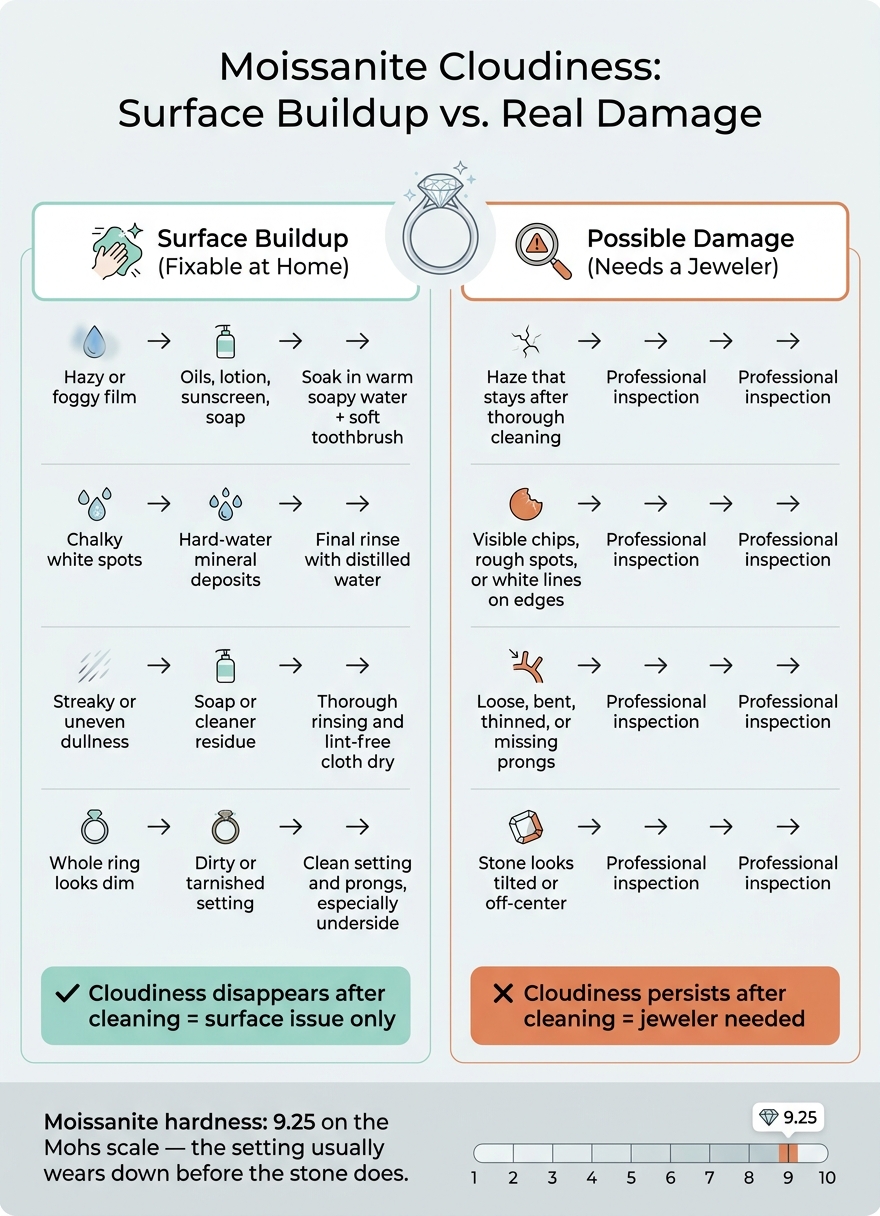 Moissanite Cloudiness: Surface Buildup vs. Real Damage