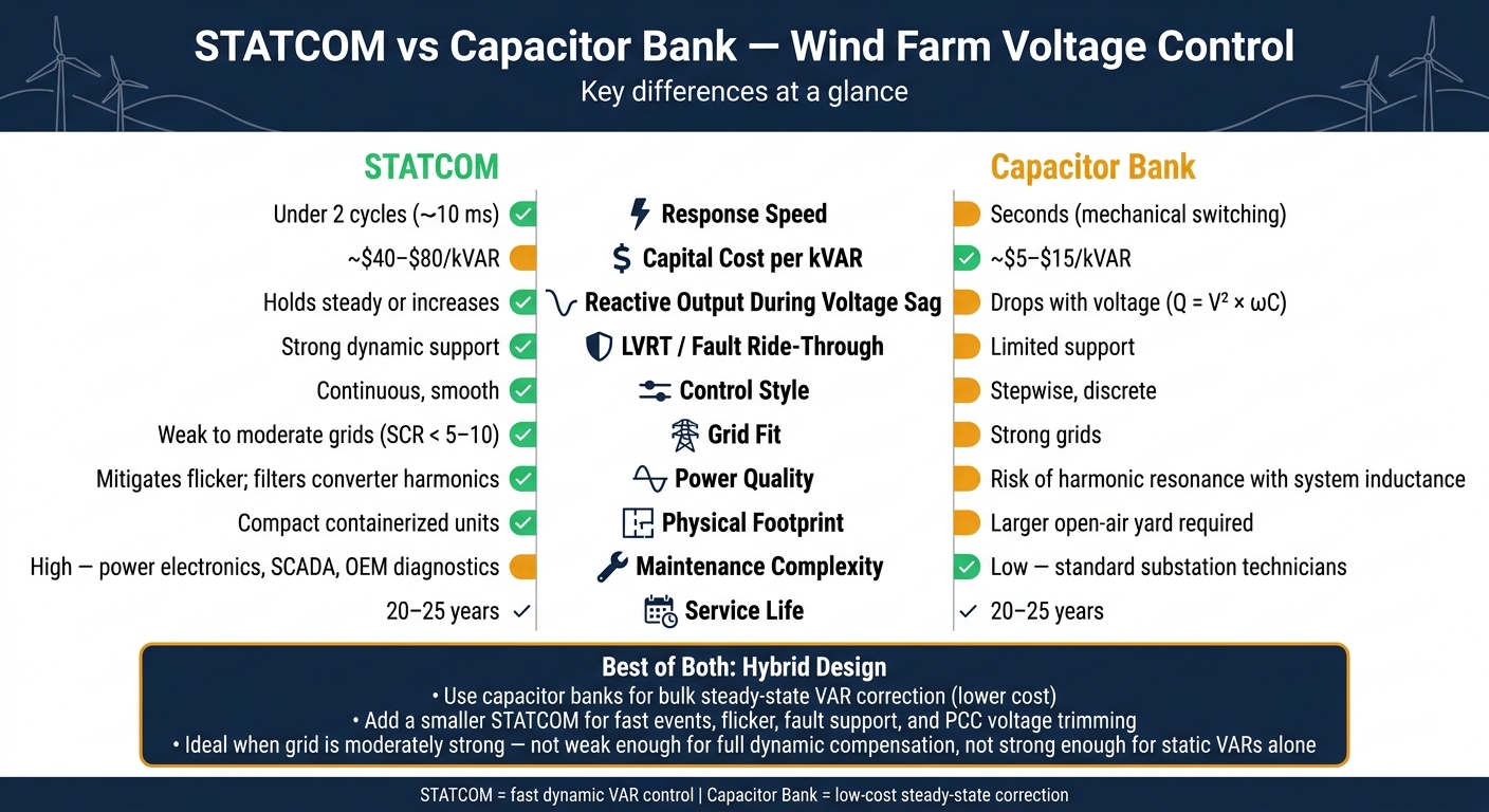 STATCOM vs Capacitor Bank: Wind Farm Voltage Control Comparison