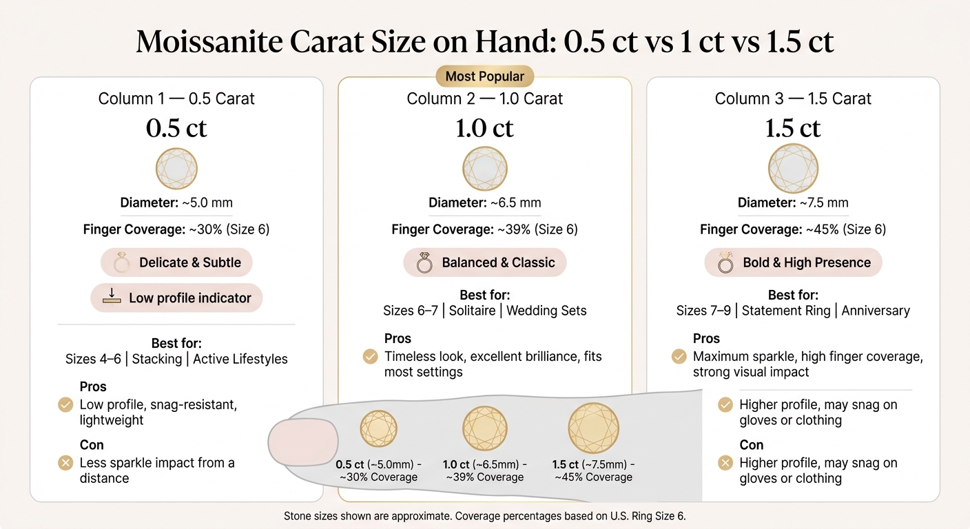 Moissanite Carat Size Comparison: 0.5 vs 1 vs 1.5 Carat on Hand