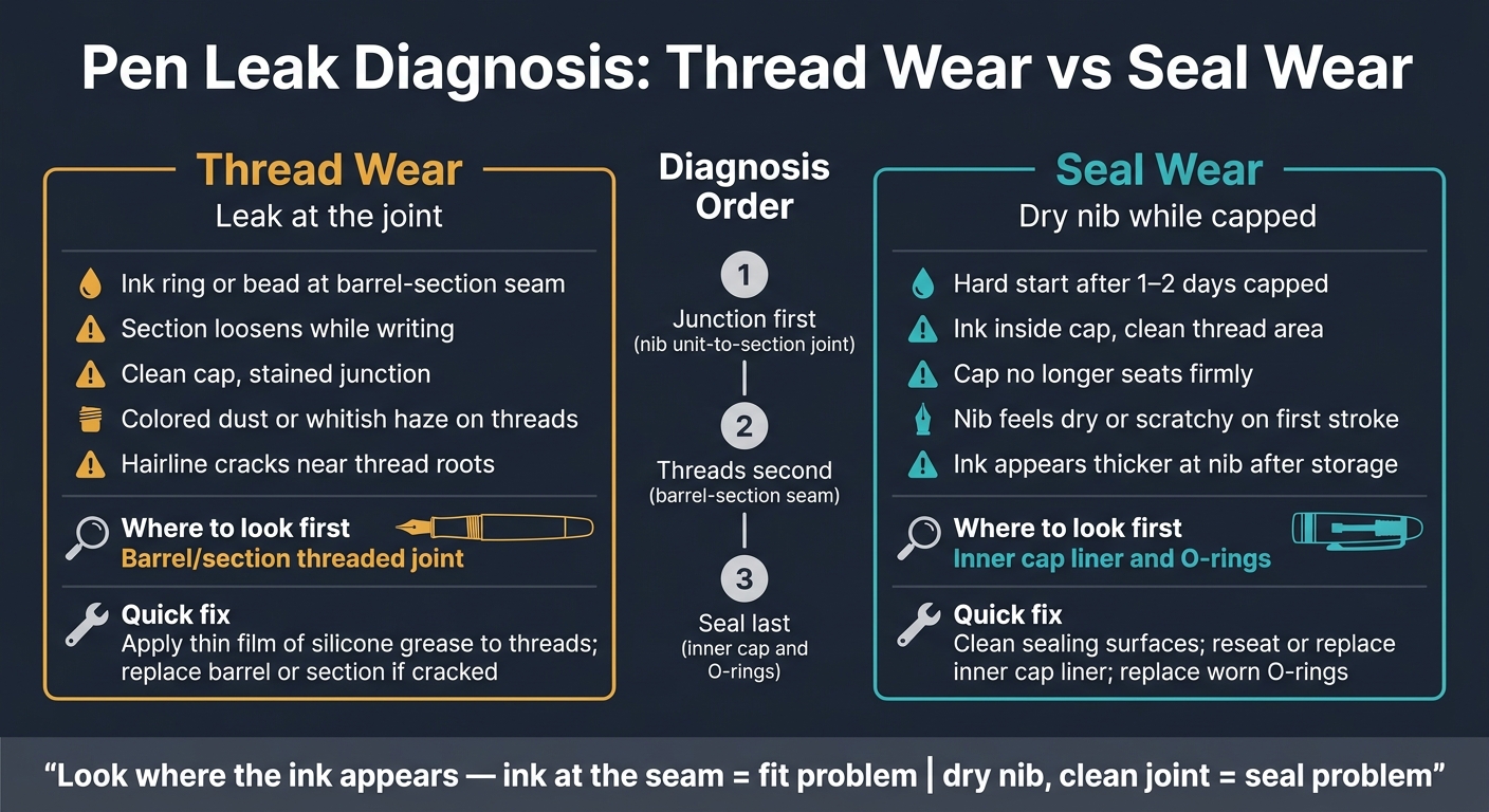 Pen Leak Diagnosis: Thread Wear vs Seal Wear at a Glance