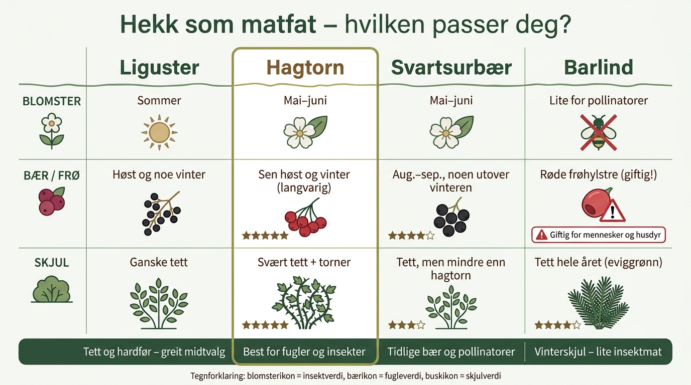 Hekk for fugler og insekter: Liguster vs. Hagtorn vs. Svartsurbær vs. Barlind
