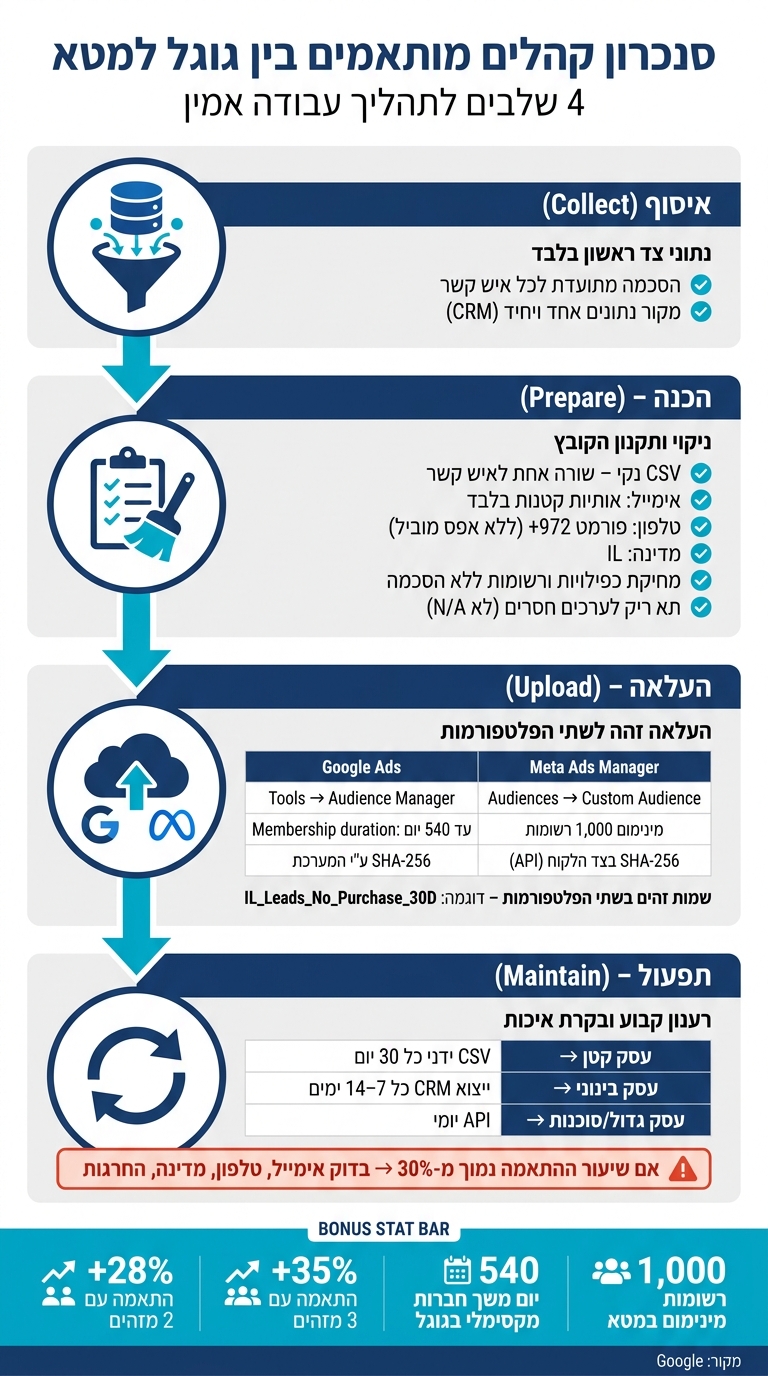 סנכרון קהלים מותאמים בין גוגל למטא – תהליך עבודה שלב אחר שלב