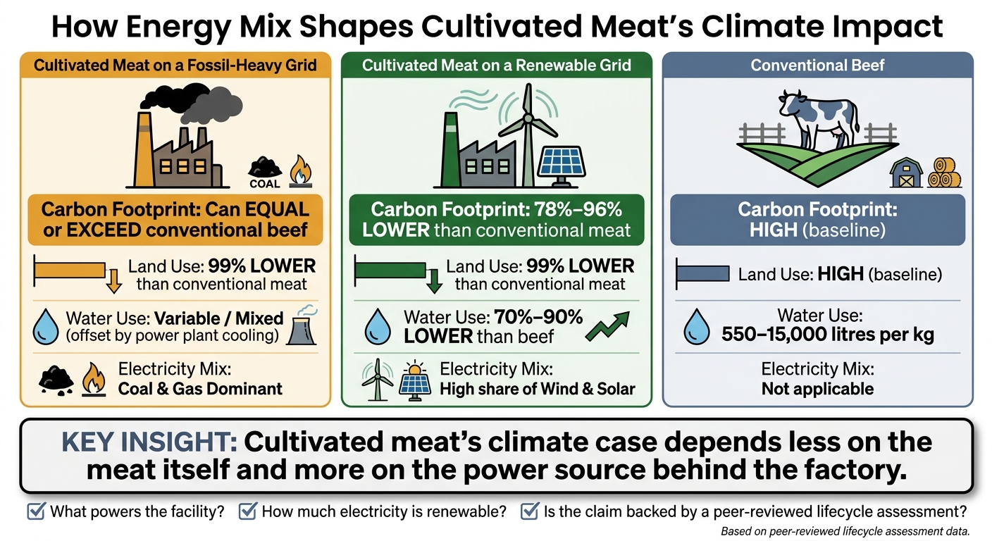 Cultivated Meat Carbon Impact: Fossil Grid vs Renewable Grid vs Conventional Beef