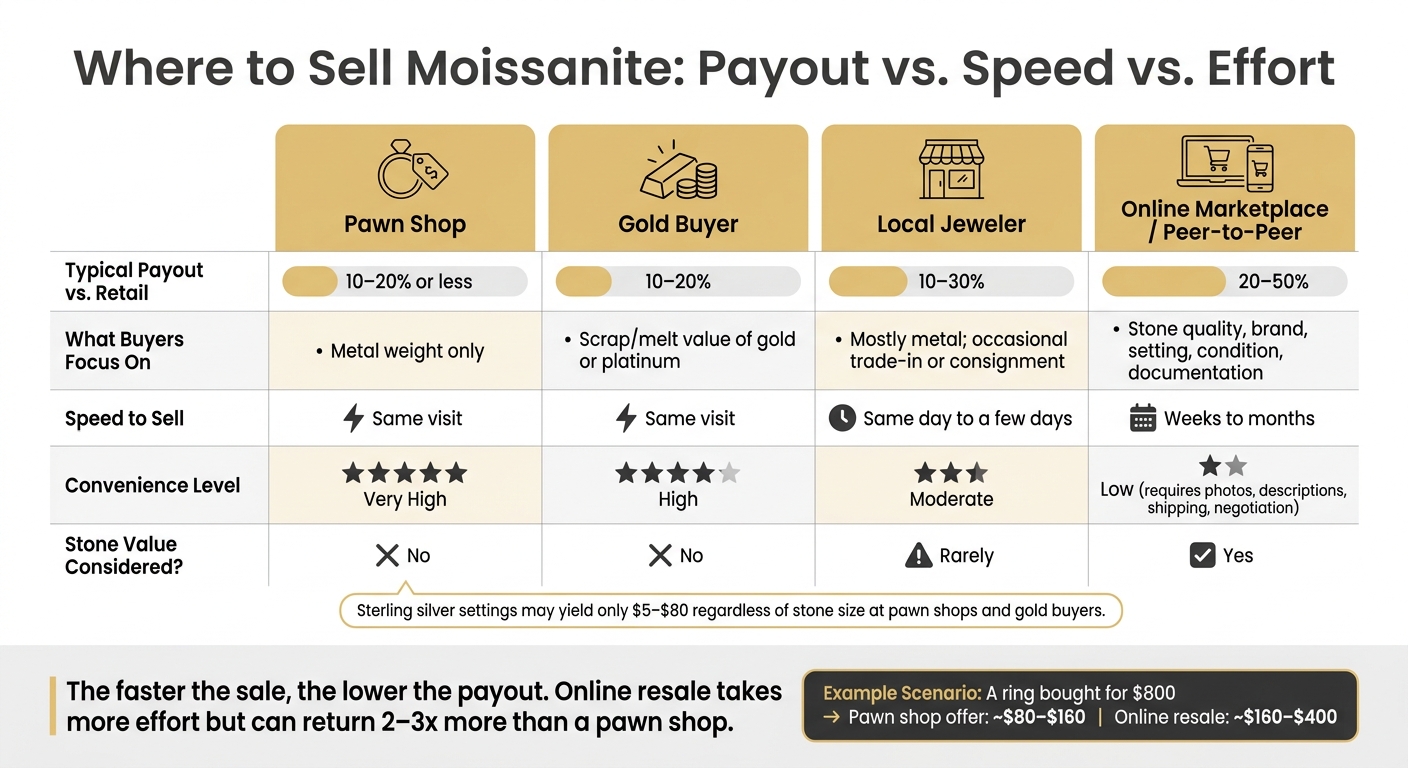 Moissanite Resale Value by Selling Channel: Payout, Speed & Effort
