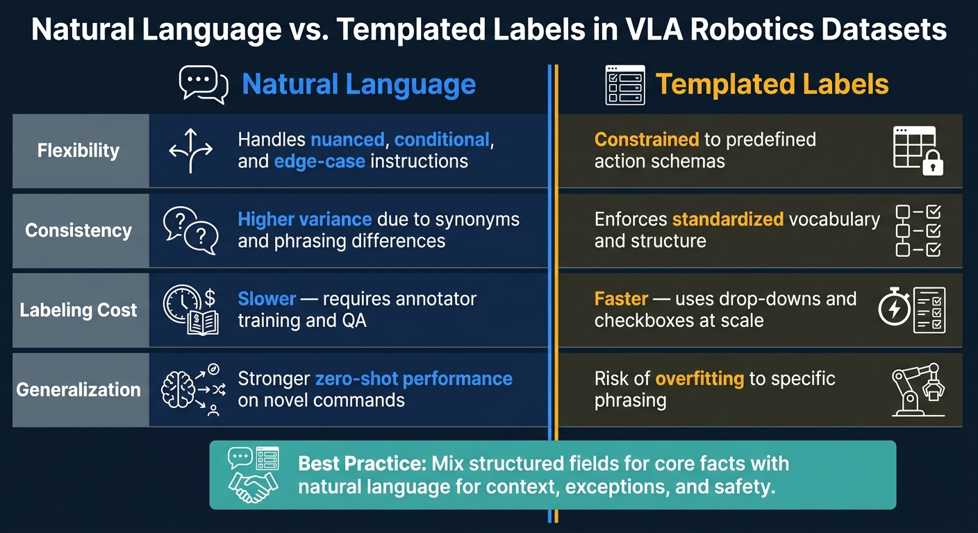 Natural Language vs. Templated Labels in VLA Robotics Datasets