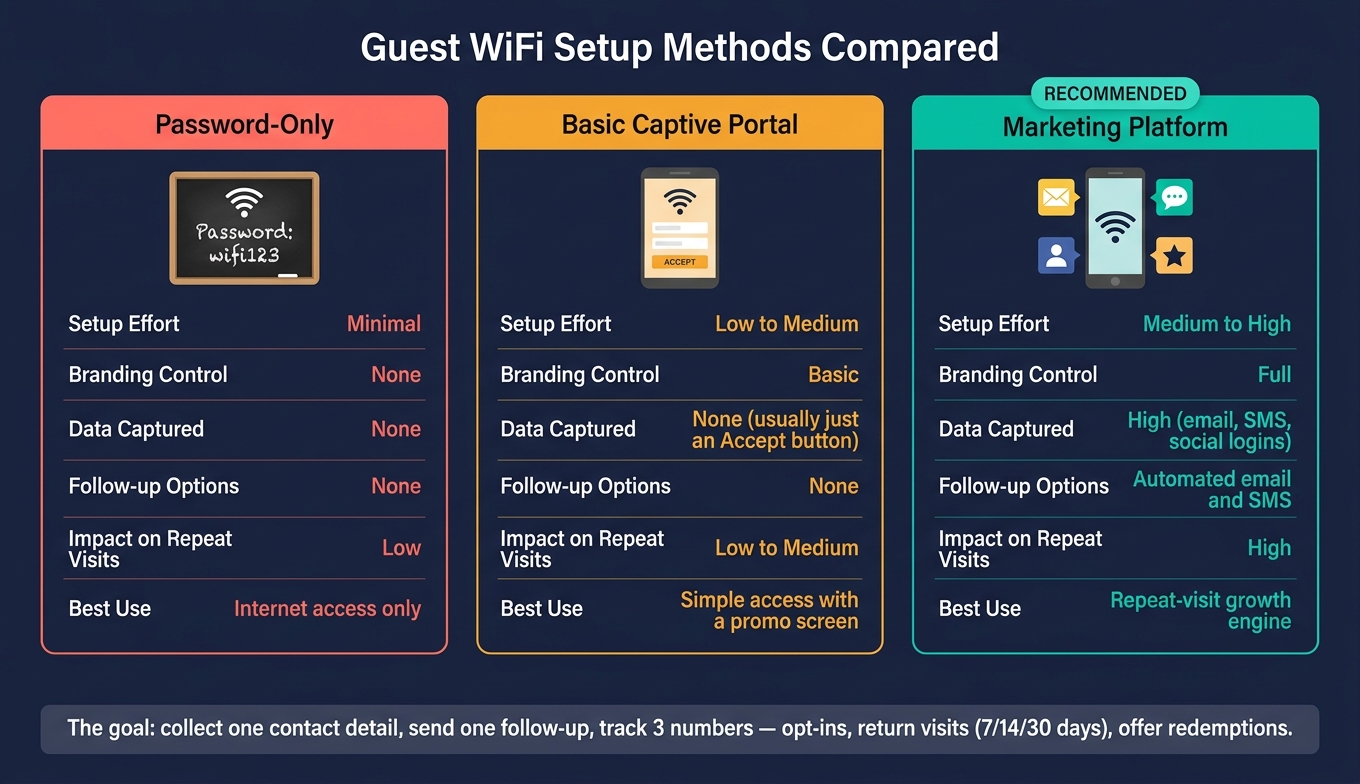 Guest WiFi Setup Methods Compared: Password-Only vs Captive Portal vs Marketing Platform