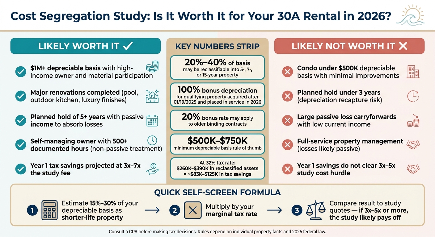 Cost Segregation for 30A Rentals: Should You Order a Study in 2026?