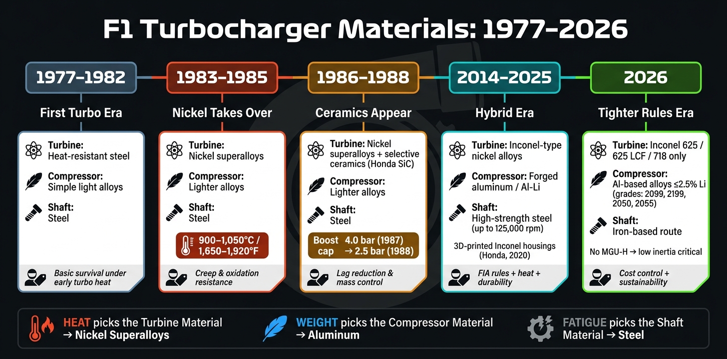 F1 Turbocharger Materials Timeline: 1977–2026