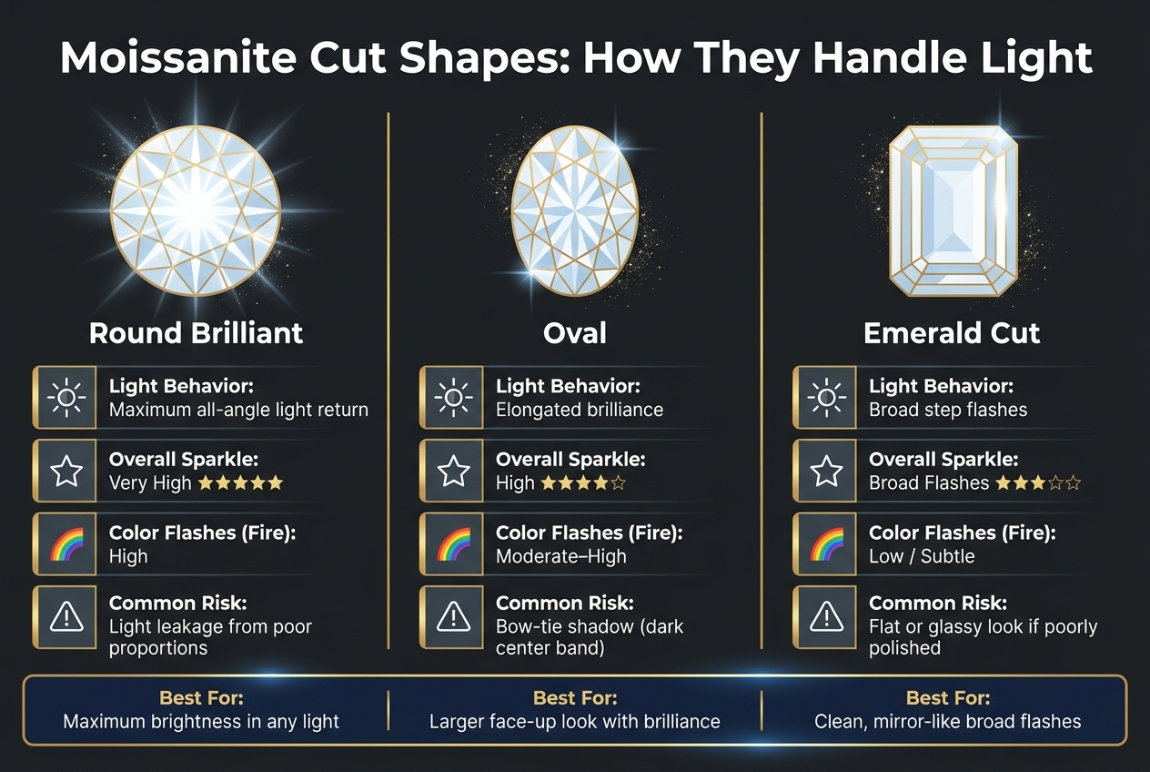 Moissanite Cut Shapes Compared: Round vs Oval vs Emerald Sparkle