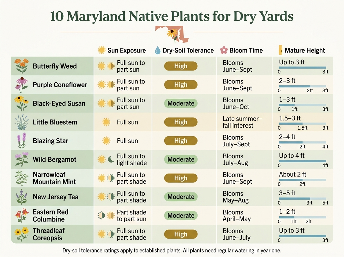 10 Maryland Native Plants for Dry Yards: Quick Comparison Guide