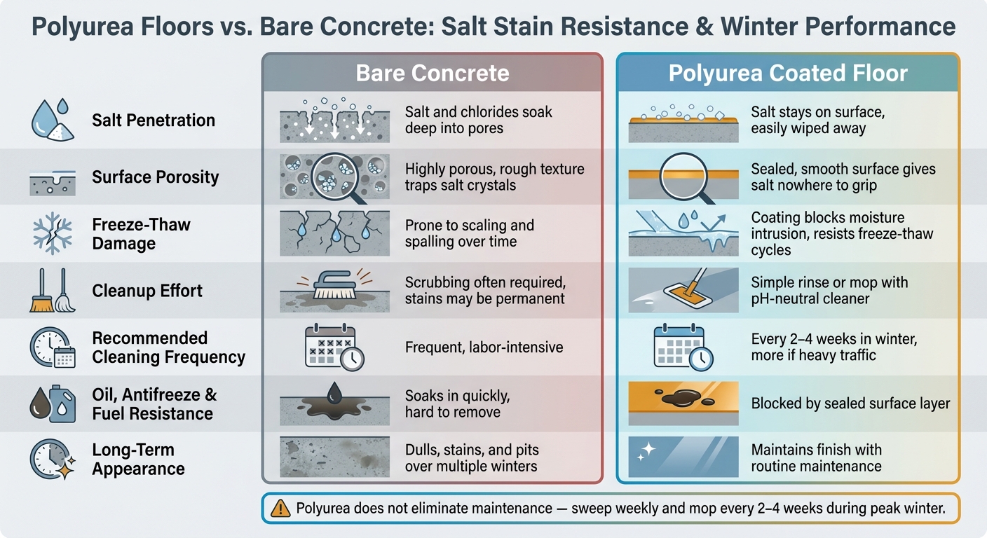 Polyurea Floors Vs. Bare Concrete: Salt Stain Resistance & Winter Performance