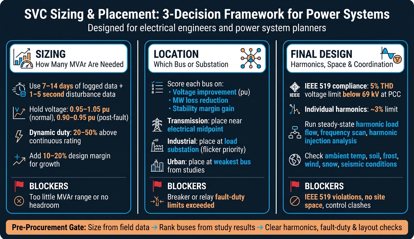 SVC Sizing & Placement: 3-Decision Framework for Power Systems