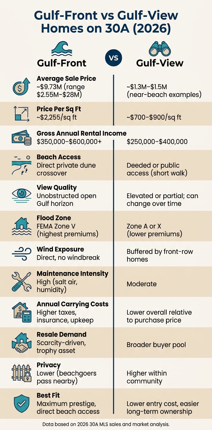Gulf-Front vs Gulf-View Homes on 30A: Full Comparison 2026