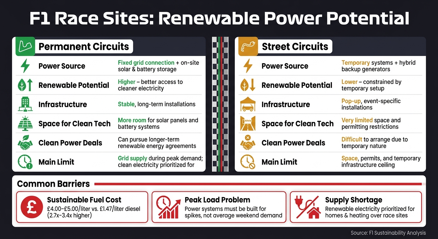 F1 Race Sites: Permanent Circuits vs. Street Circuits – Renewable Power Potential