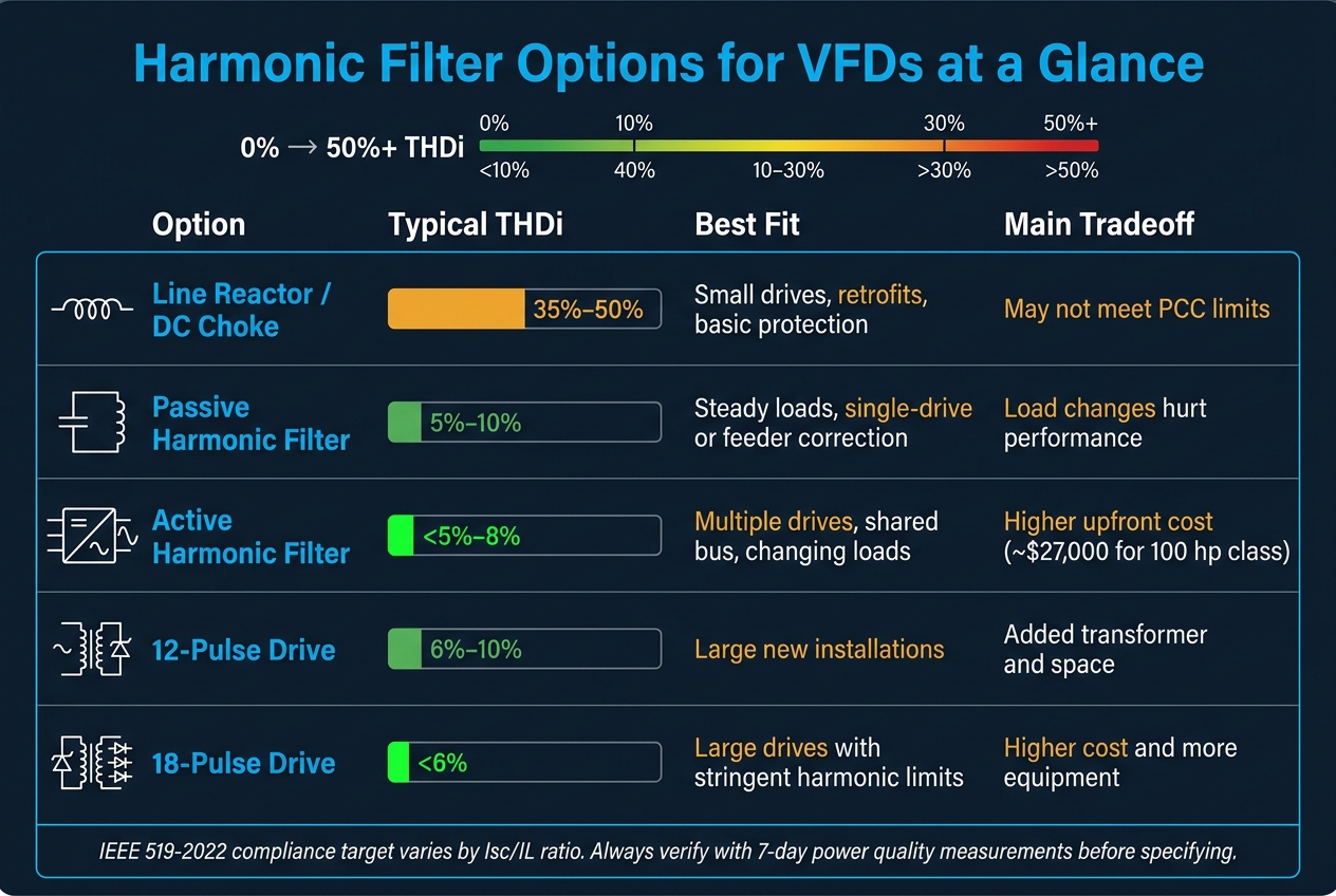 Harmonic Filter Options for VFDs: THDi, Cost & Best Fit Compared