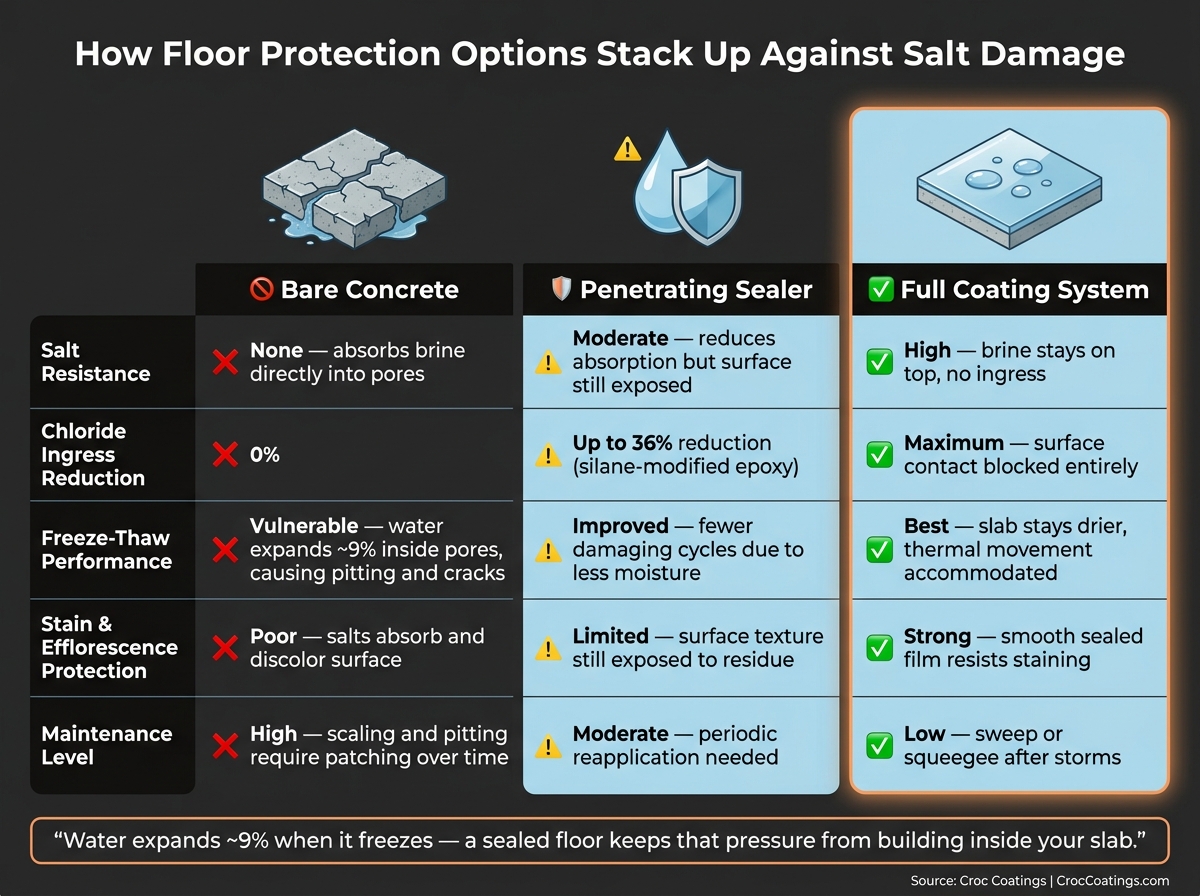 How Floor Coatings Block Salt Damage 1 Bare Concrete Vs. Sealer Vs. Full Coating: Salt Damage Protection Compared