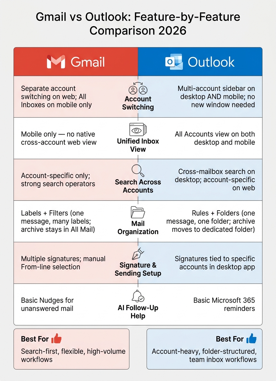 Gmail vs Outlook: Feature-by-Feature Comparison 2026